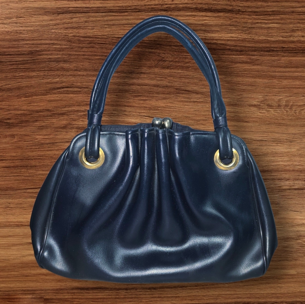 Navy Blue Ruched Kisslock Faux Leather Handbag